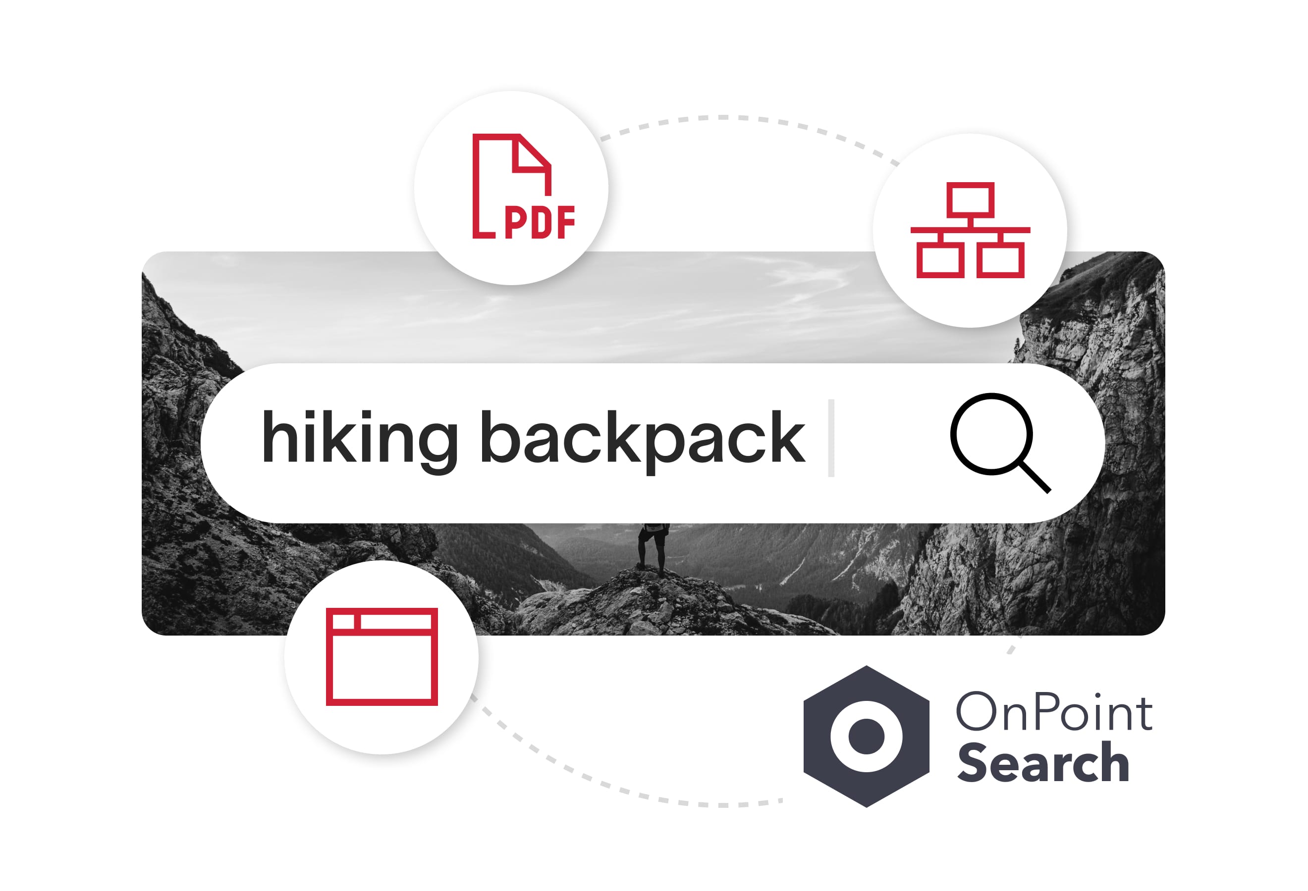UX Solutions- Search Hero Site search bar with icons page, PDF, and OnPoint icons floating around it