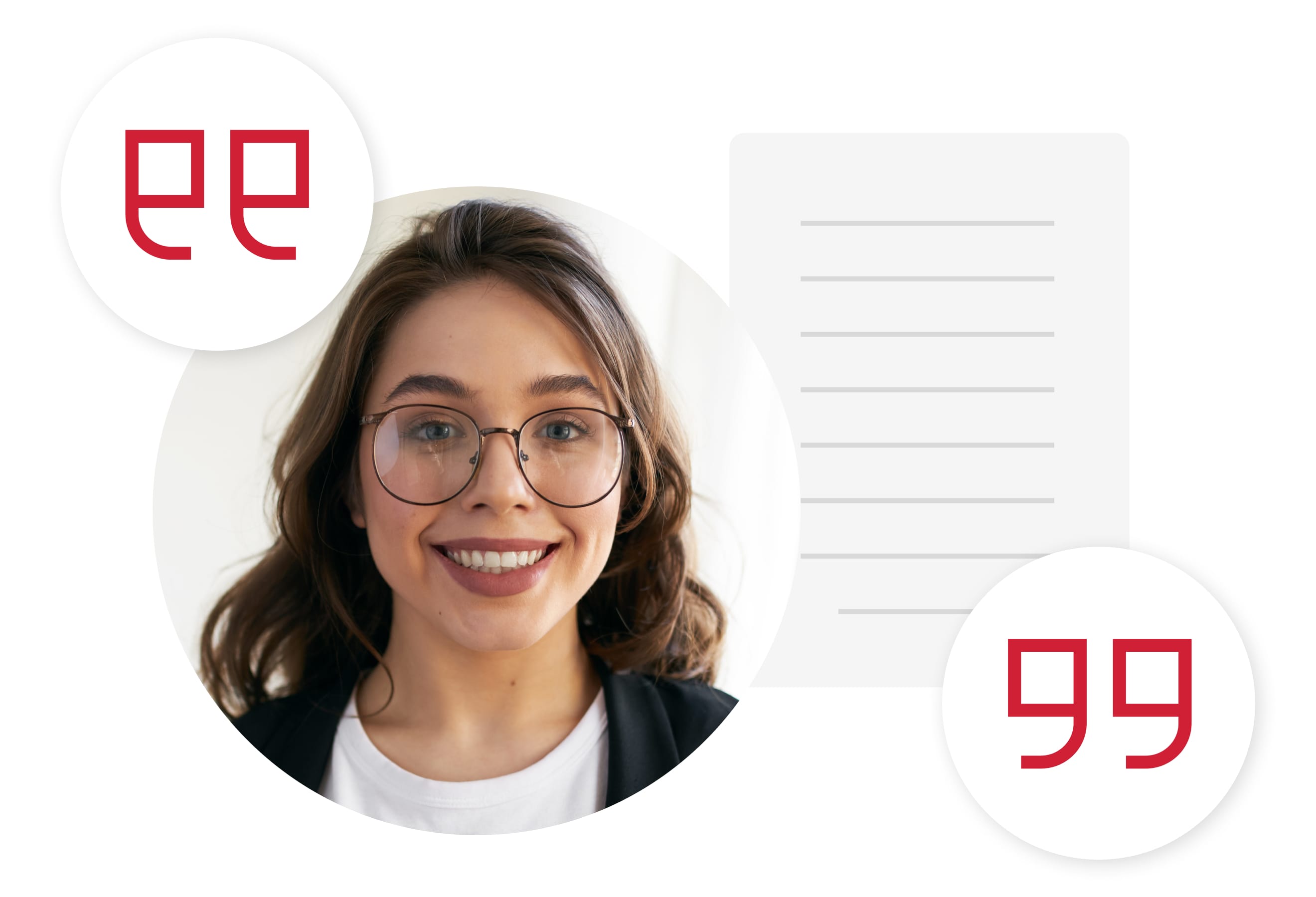 UX Solutions Page - Voice and Tone Hero Woman wearing glasses with quotation marks on either side of her