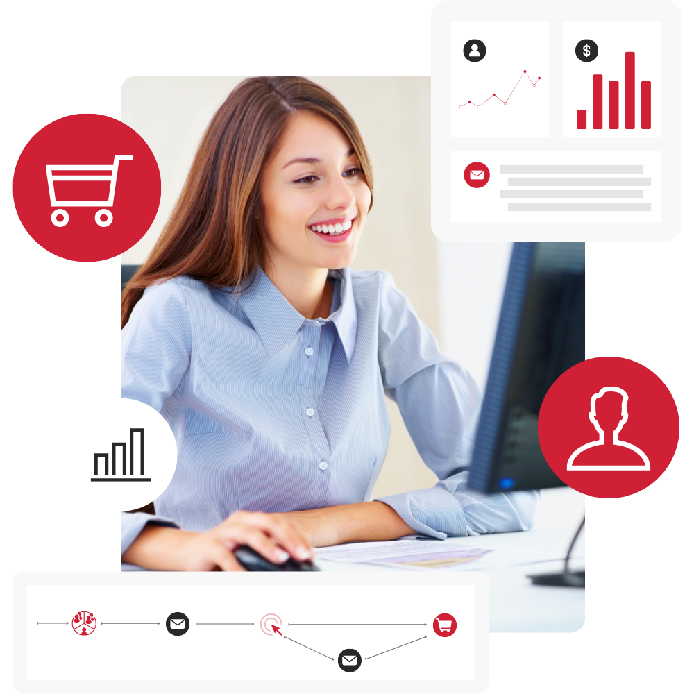 A woman looking at a computer with CDP graphics