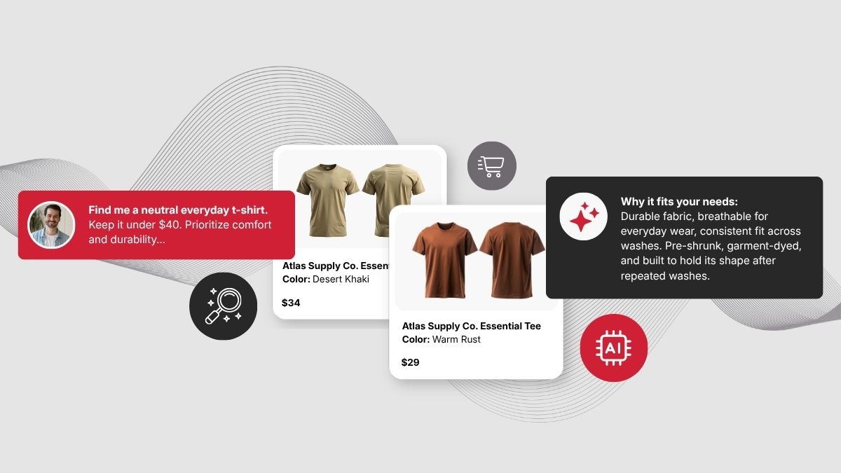 AI shopping assistant responding to a request for a neutral everyday t-shirt under $40, showing two product cards and an explanation of why they fit.