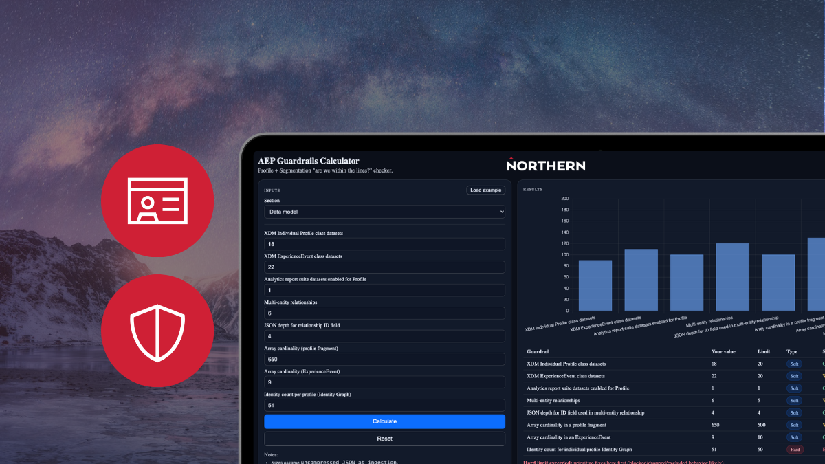 Northern AEP Guardrails Calculator showing profile and segmentation limit inputs with a results chart, beside red profile and shield icons.