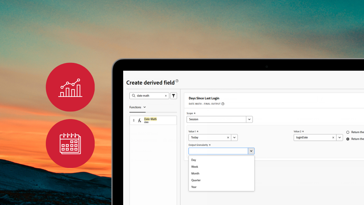 The Adobe Customer Journey Analytics create derived field screen building a Date Math calculation, beside red chart and calendar icons.