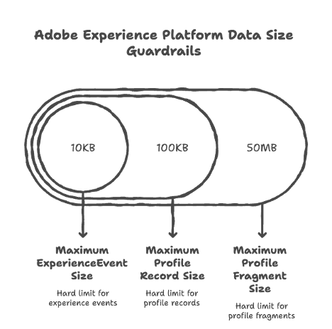 Adobe Experience Platform Data Size Guardrails diagram showing the three hard limits: 10KB maximum ExperienceEvent size, 100KB maximum profile record size, and 50MB maximum profile fragment size