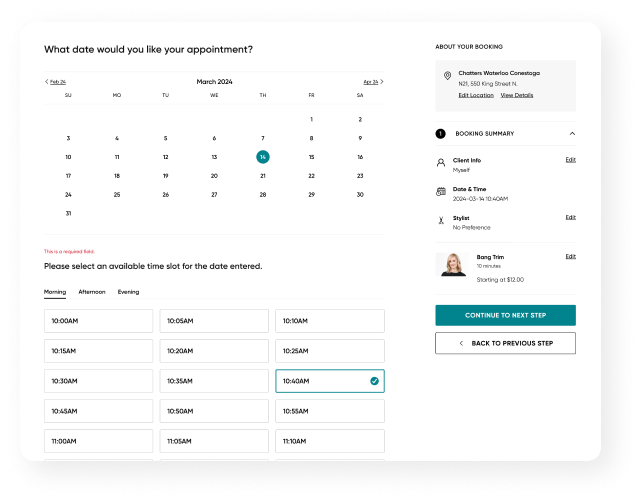 Screenshot of booking page on Chatters website