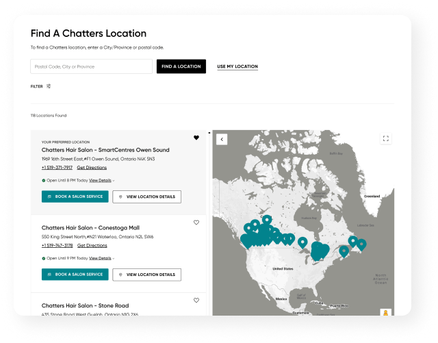 Screenshot of location page on Chatters website