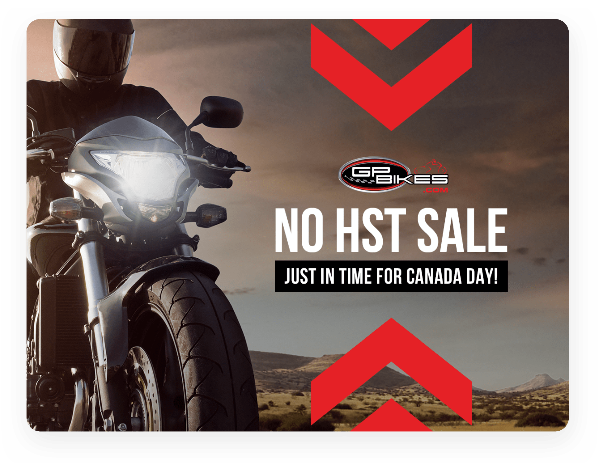 GP Bikes CS feature image D no HST sale promotional banner with image of a person riding a motorcycle