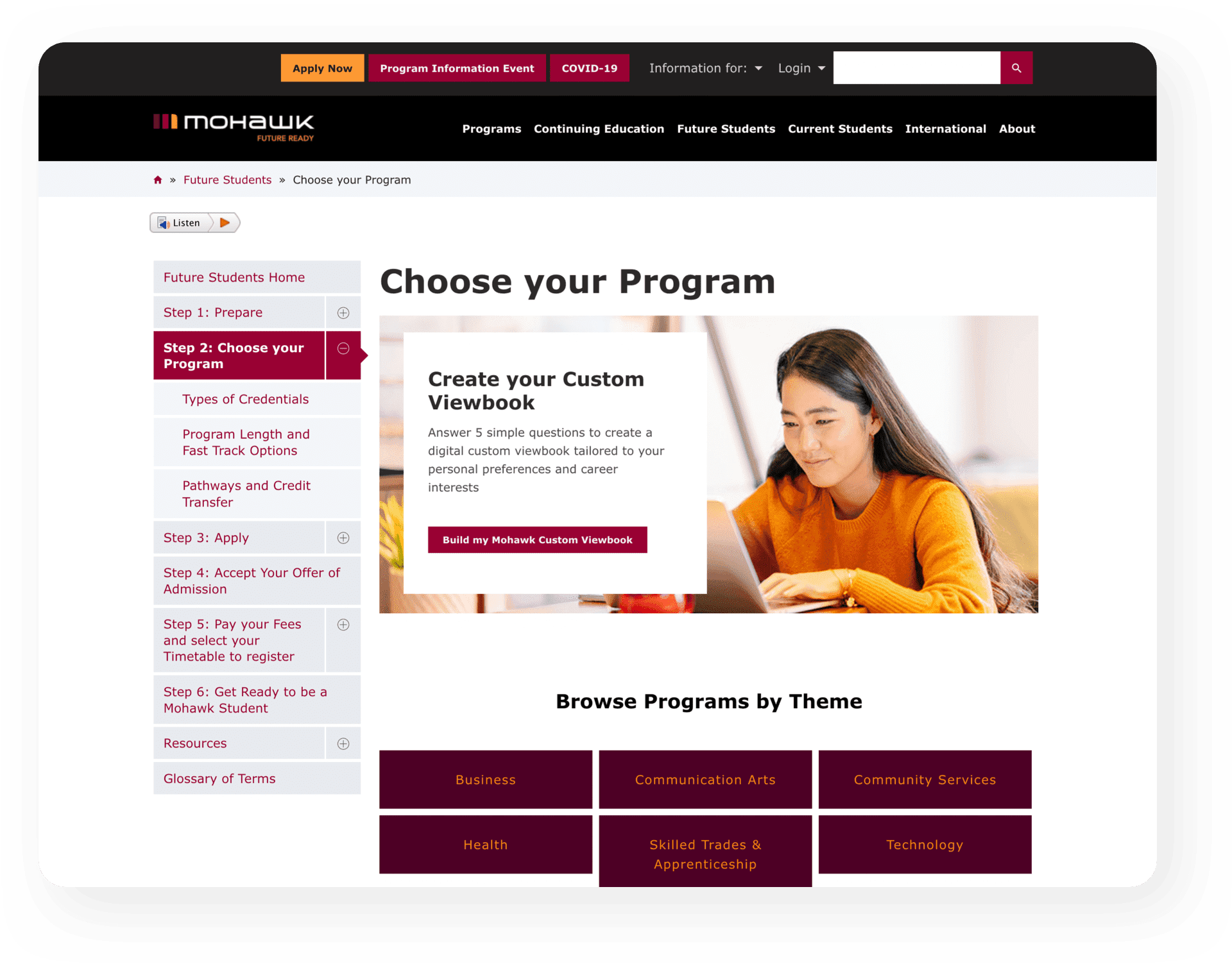 Mohawk CS Feature 1 Mohawk choose your program page.