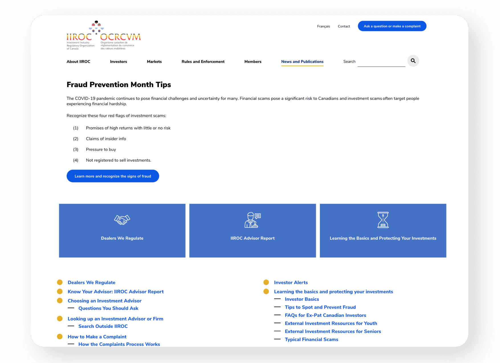 IIROC Webpage preview.