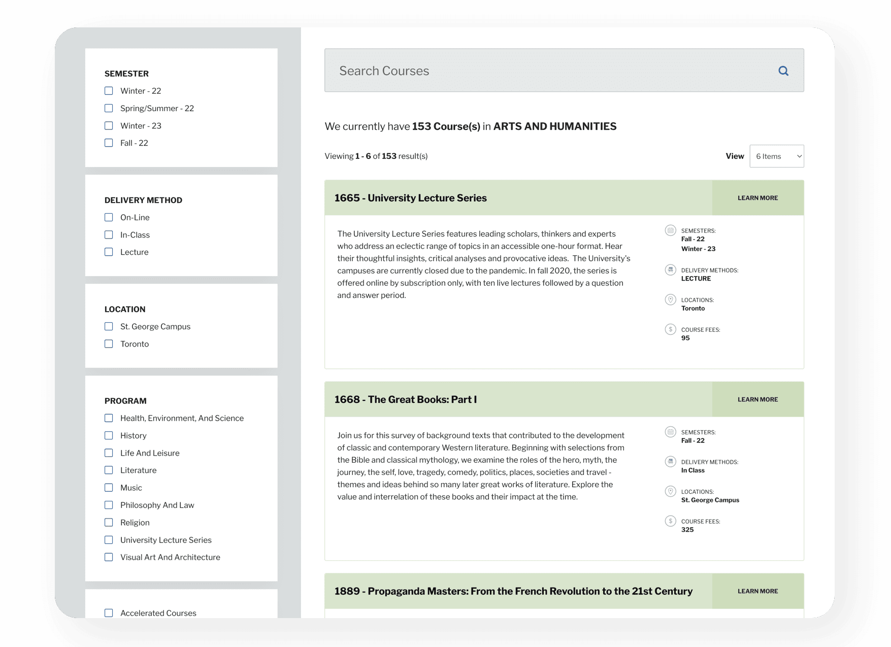 University of Toronto, School of Continuing Studies website (search results)