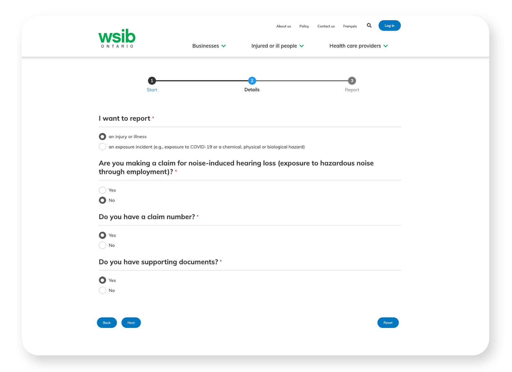 WSIB website reporting functionality