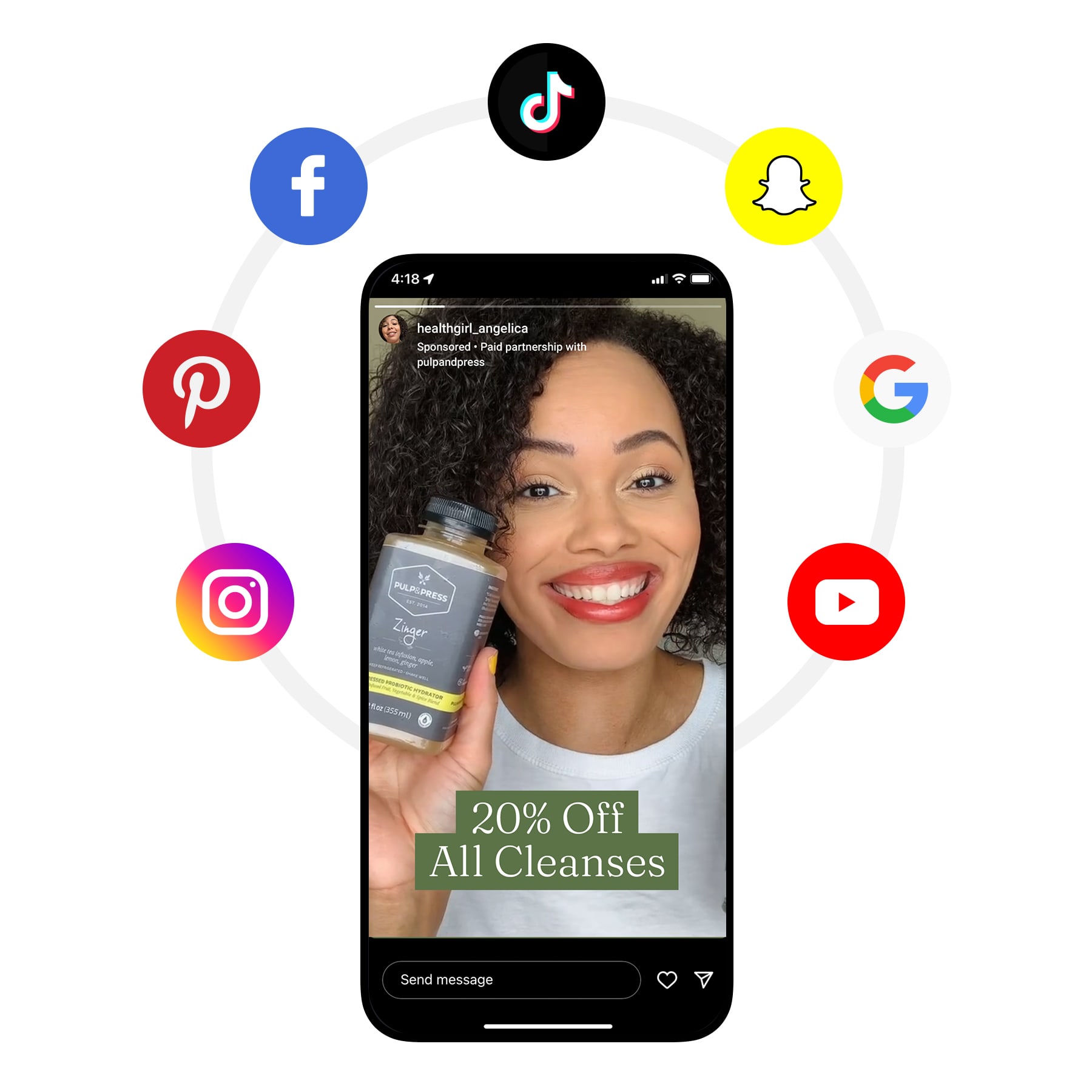 Social media icons with paused still of advertisement video
