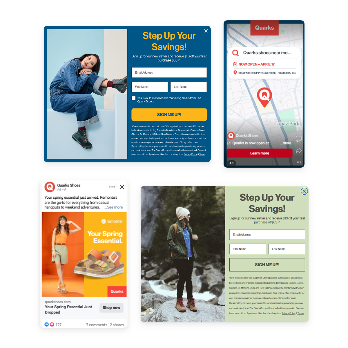Quarks and Urban Trail email sign-up pop-up forms alongside a Meta ad and a local search ad promoting the Victoria store opening