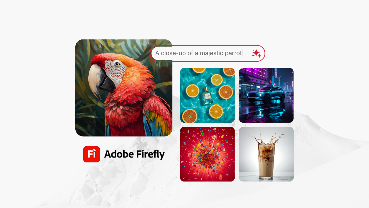 Adobe Firefly generating images from the prompt a close-up of a majestic parrot, alongside AI-created sample images.