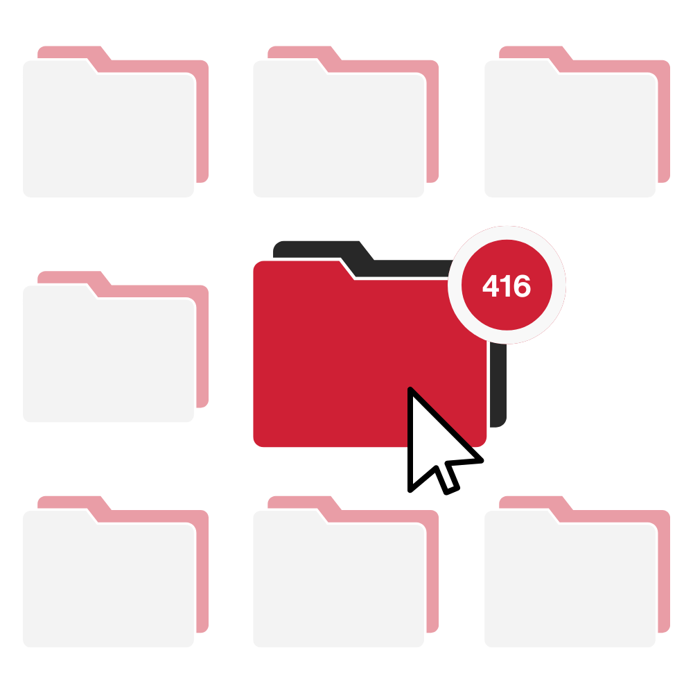 DAM: Empower Content at Scale Hero in colour A red folder with 416 notifications within it surrounded by white folders