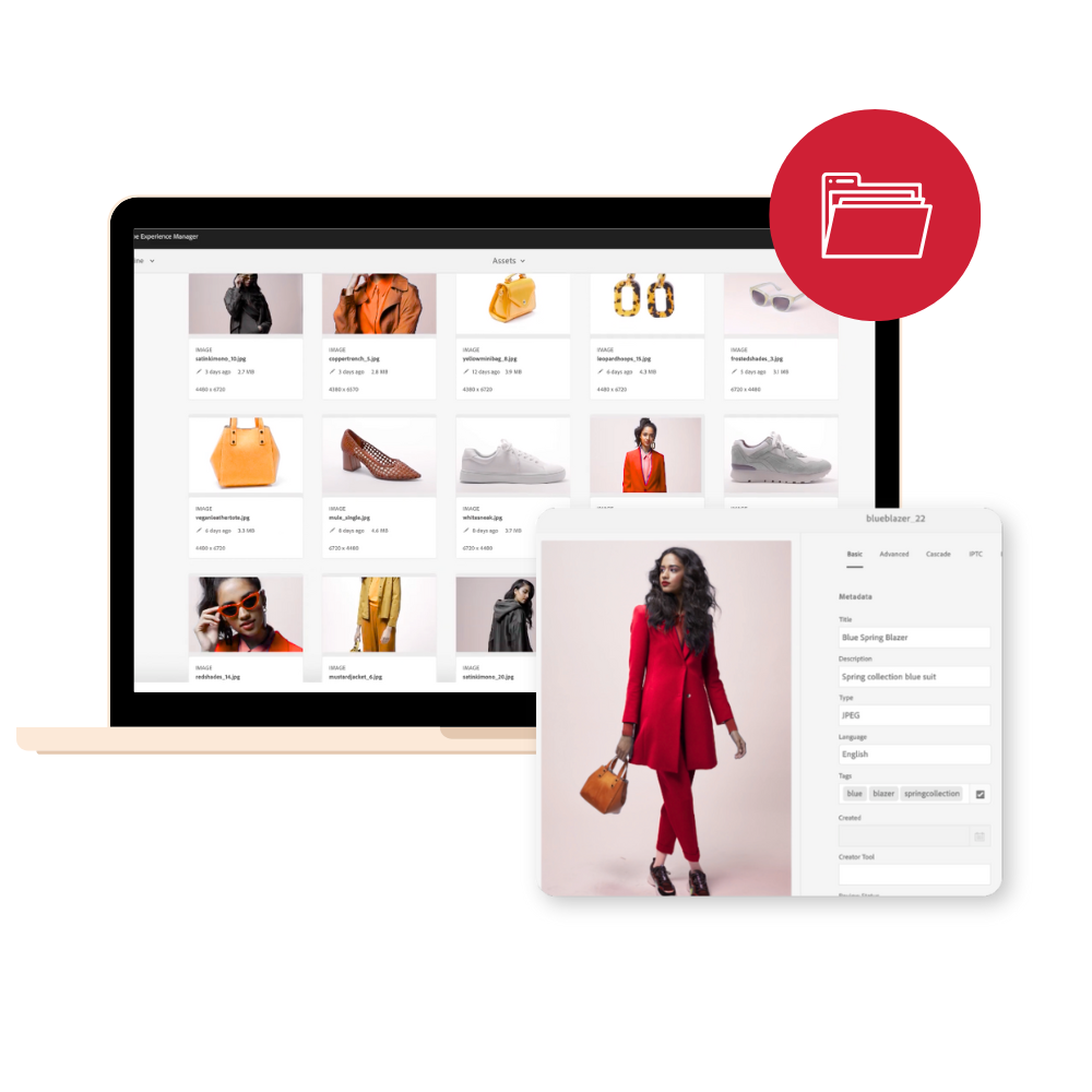 DAM: Discovery & Strategy for a Future-Ready DAM Hero in colour A photo of a woman in a red suit in front of a shopping website in grid view with folder logo in top right corner