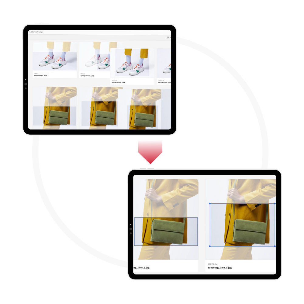 DAM: Scalable DAM Support for Long-Term Success Hero in colour website with handbags and socks pointing to more zoomed in version of the site zoomed in on the handbags and displaying their dimensions