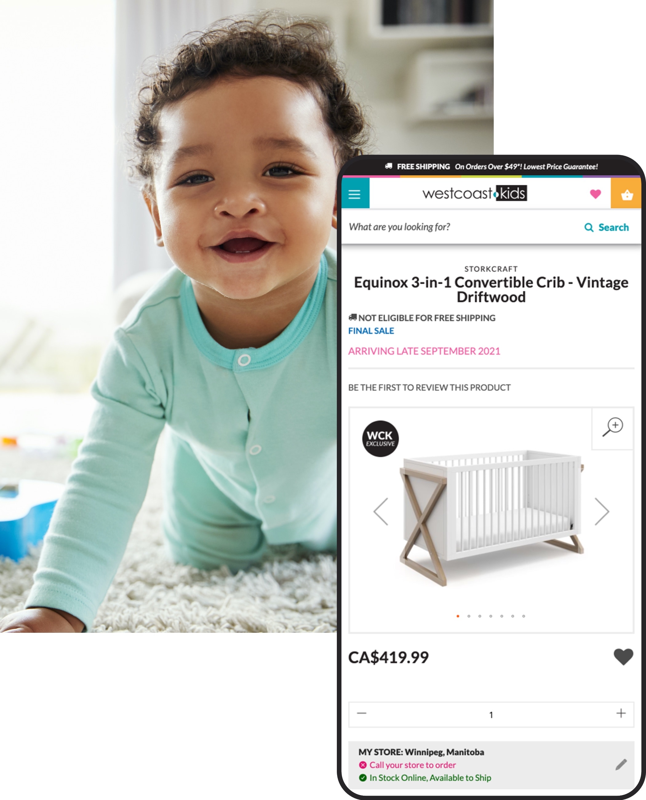 WCK CS How We Did It Image baby crawling and a phone mockup showing a product detail page for a crib