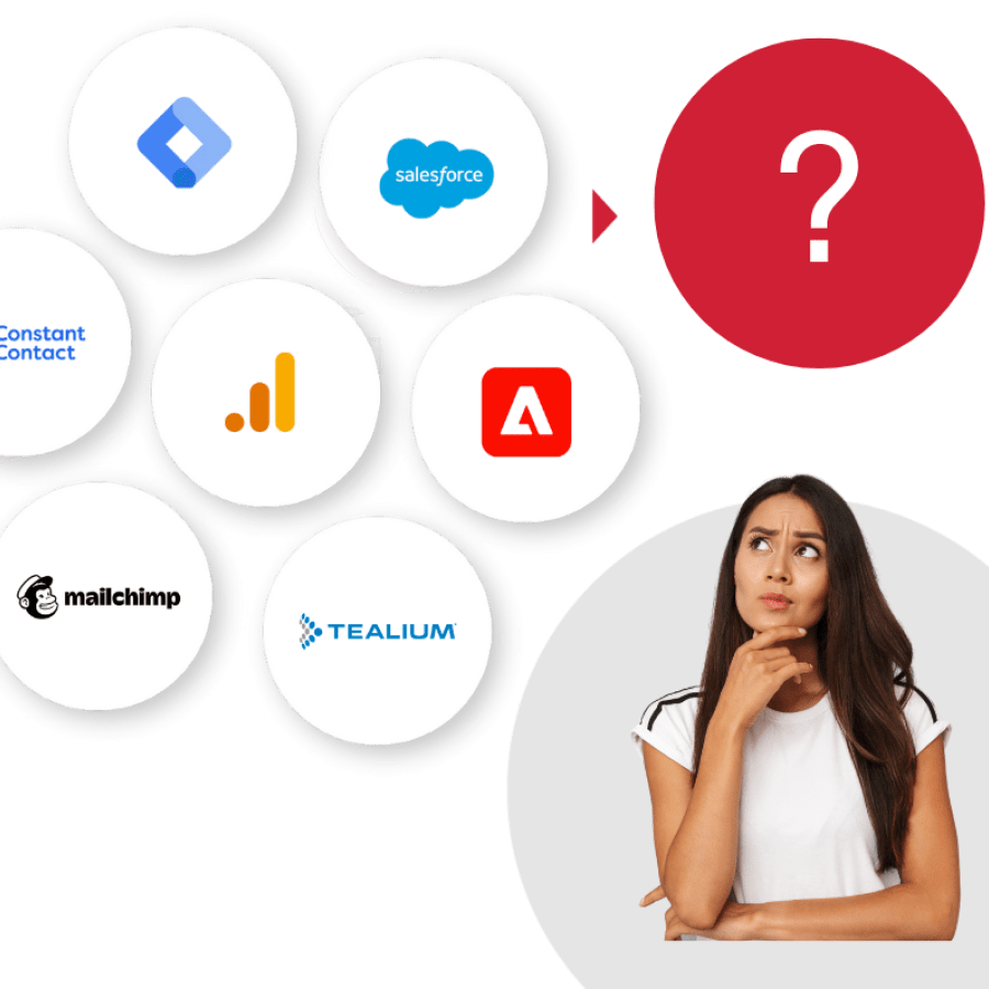 Woman thinking with company logo bubbles next to a question mark bubble