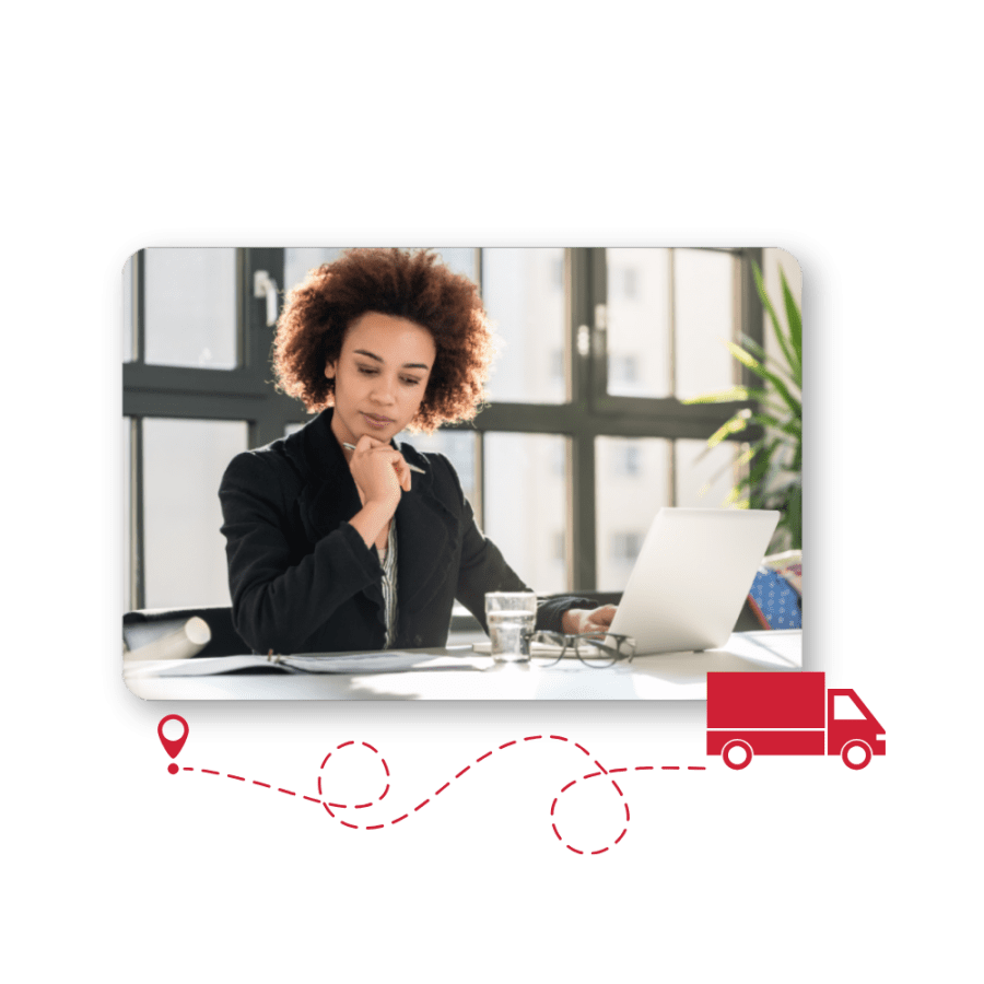 Woman working on laptop with an illustration of van driving underneath