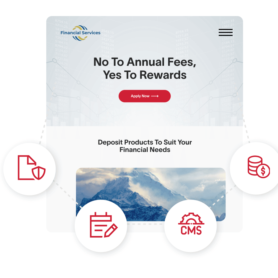 Financial Services website with CMS, Web page, Calendar, and Data icons in front