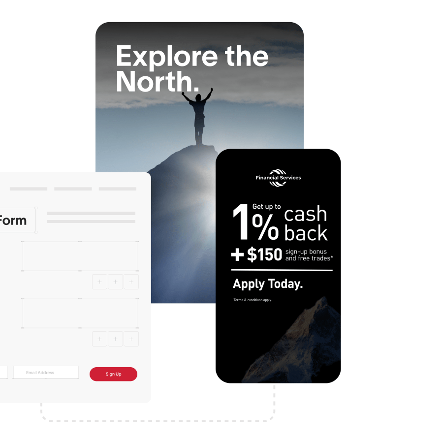 A DAM form, a silhouette of a man on a mountain top, and a cashback advertisement  