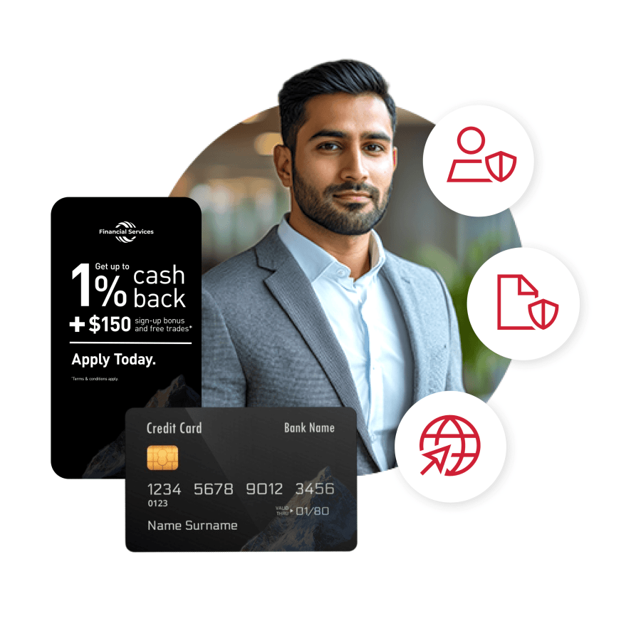 A man in a suit behind a 1% cash back promotion, a credit card, and three logos