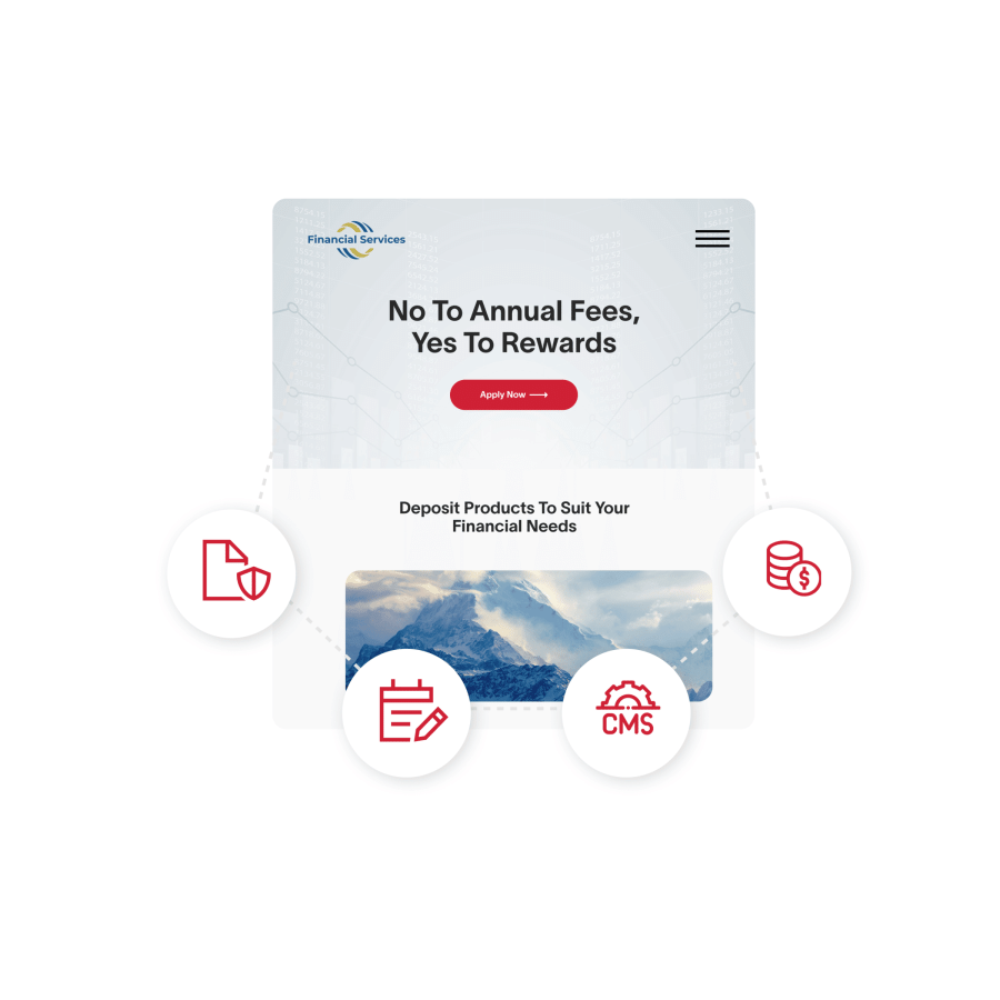 Financial Services website with CMS, Web page, Calendar, and Data icons in front