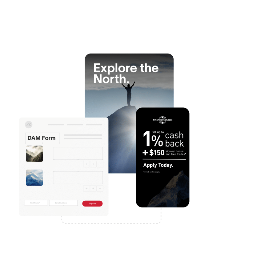 A DAM form, a silhouette of a man on a mountain top, and a cashback advertisement  