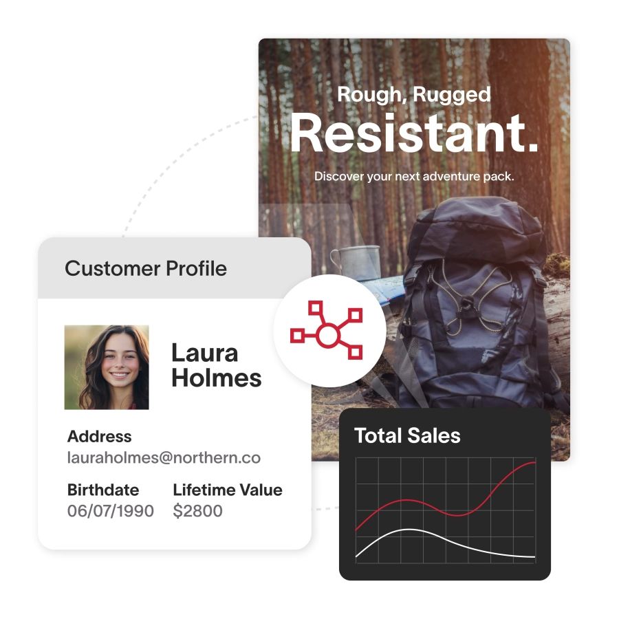 Customer profile alongside marketing material and a graph visualizing total sales