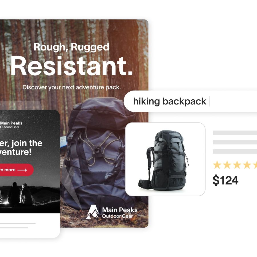 Marketing material alongside a listing for a hiking backpack with a search bar stating as such above it.