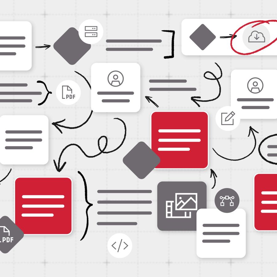 Text blocks and arrows connecting with folder, globe, and device logos dispersed throughout
