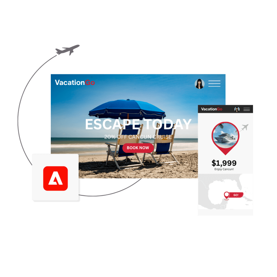 Vacations website with a plane flying around it with an adobe logo in the side