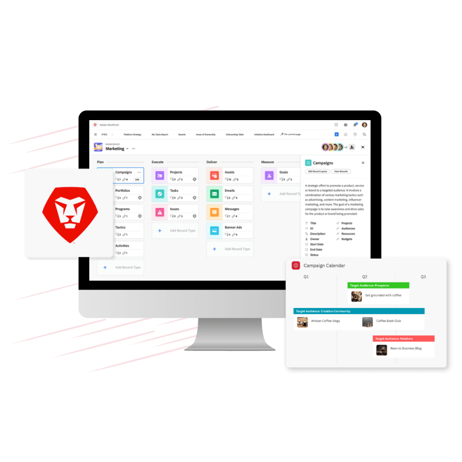 Desktop computer with Adobe Workfront dashboard