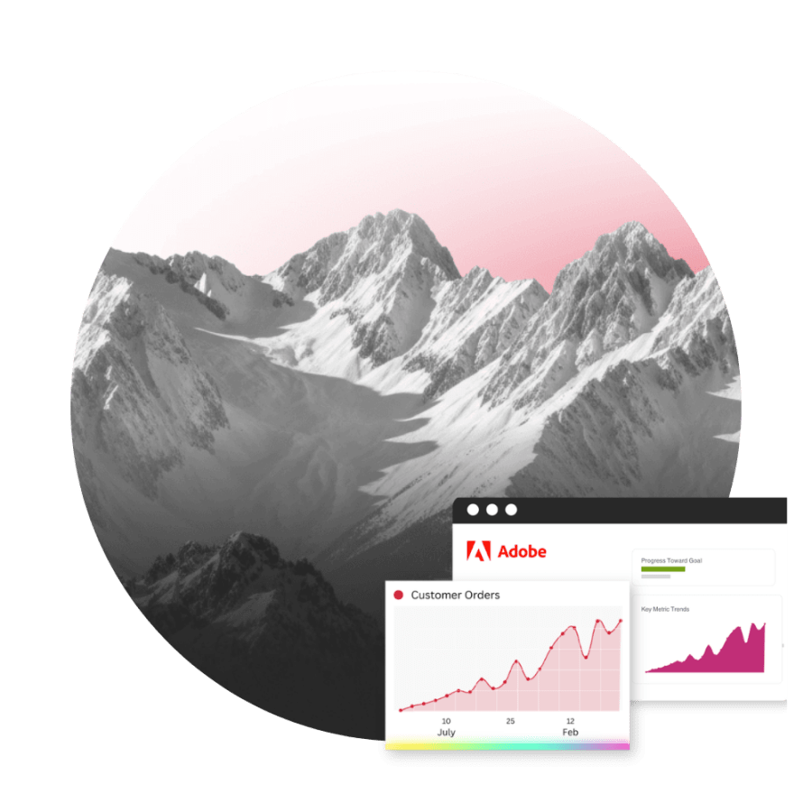 Grey mountain background with an image of Adobe Analytics dashboard
