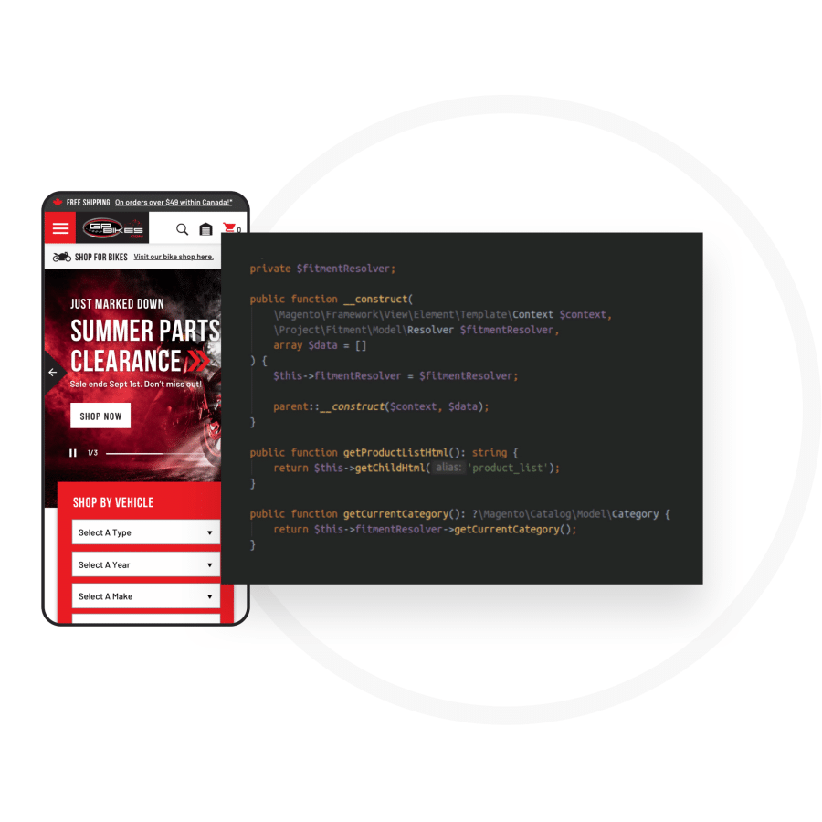 mobile mockup of the GP Bikes website and a window showing backend code