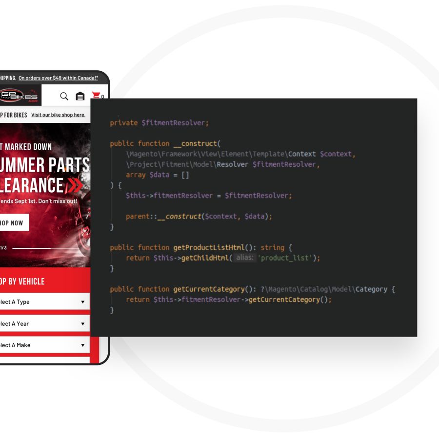 mobile mockup of the GP Bikes website and a window showing backend code