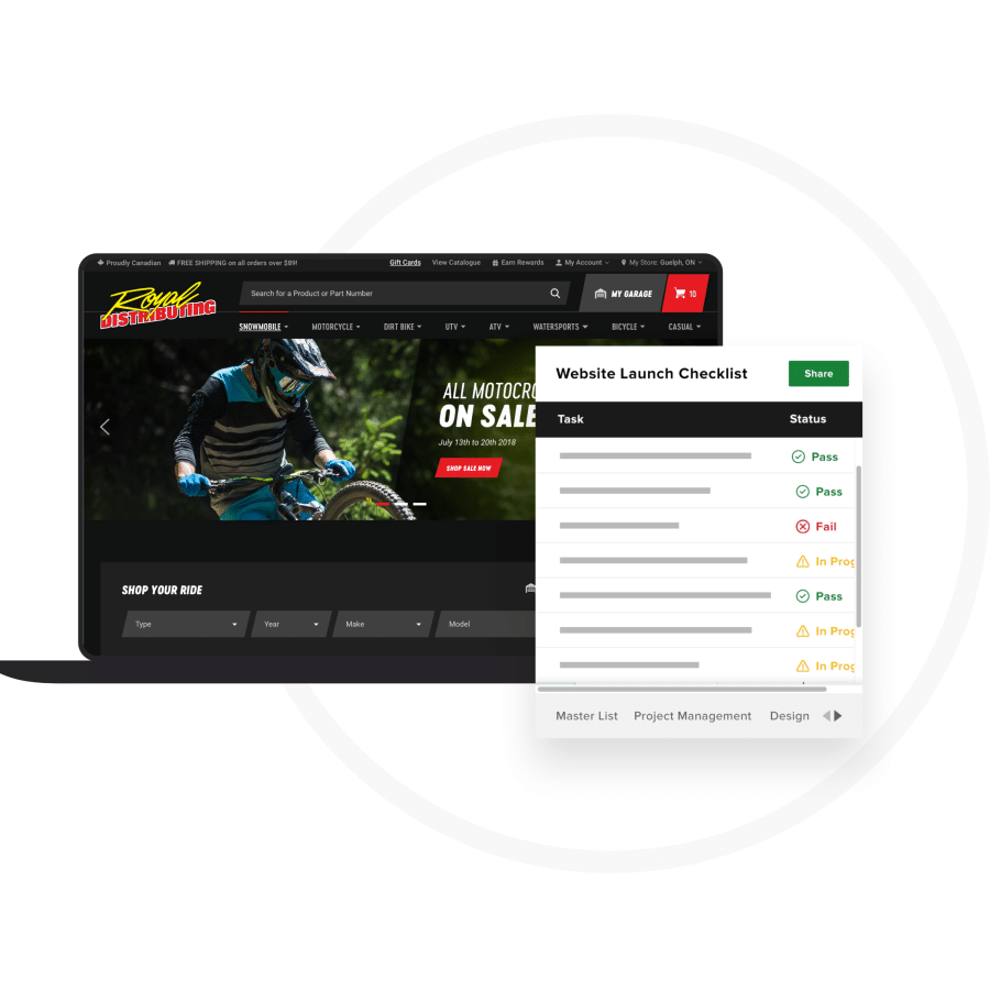 laptop view of the Royal Distributing website and a website launch checklist
