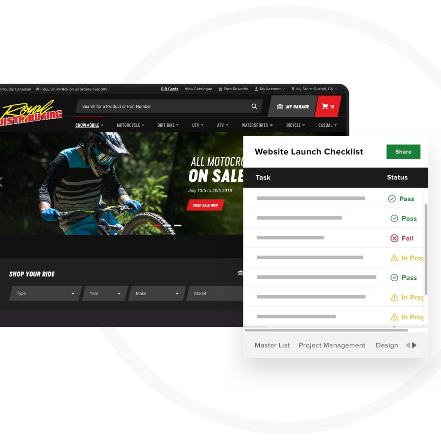 laptop view of the Royal Distributing website and a website launch checklist