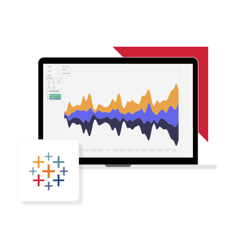 Desktop with tableau dashboard with Tableau Logo in the corner