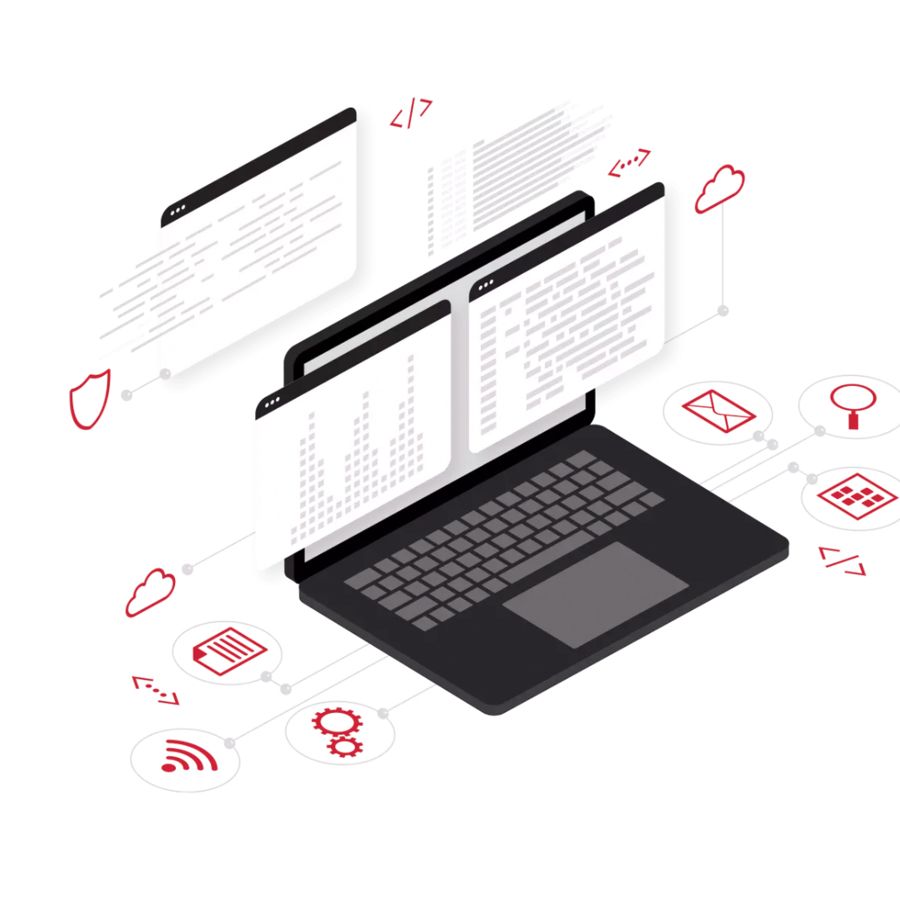 Apps are displayed on the laptop in gray