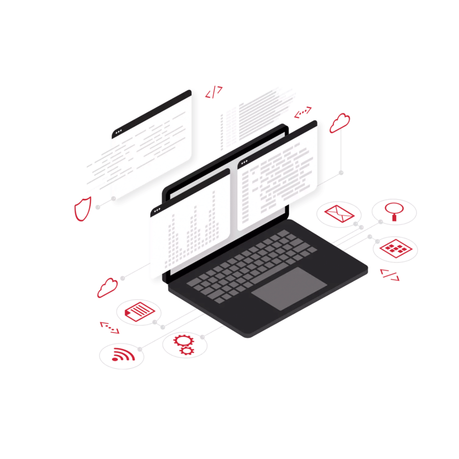 Apps are displayed on the laptop in gray