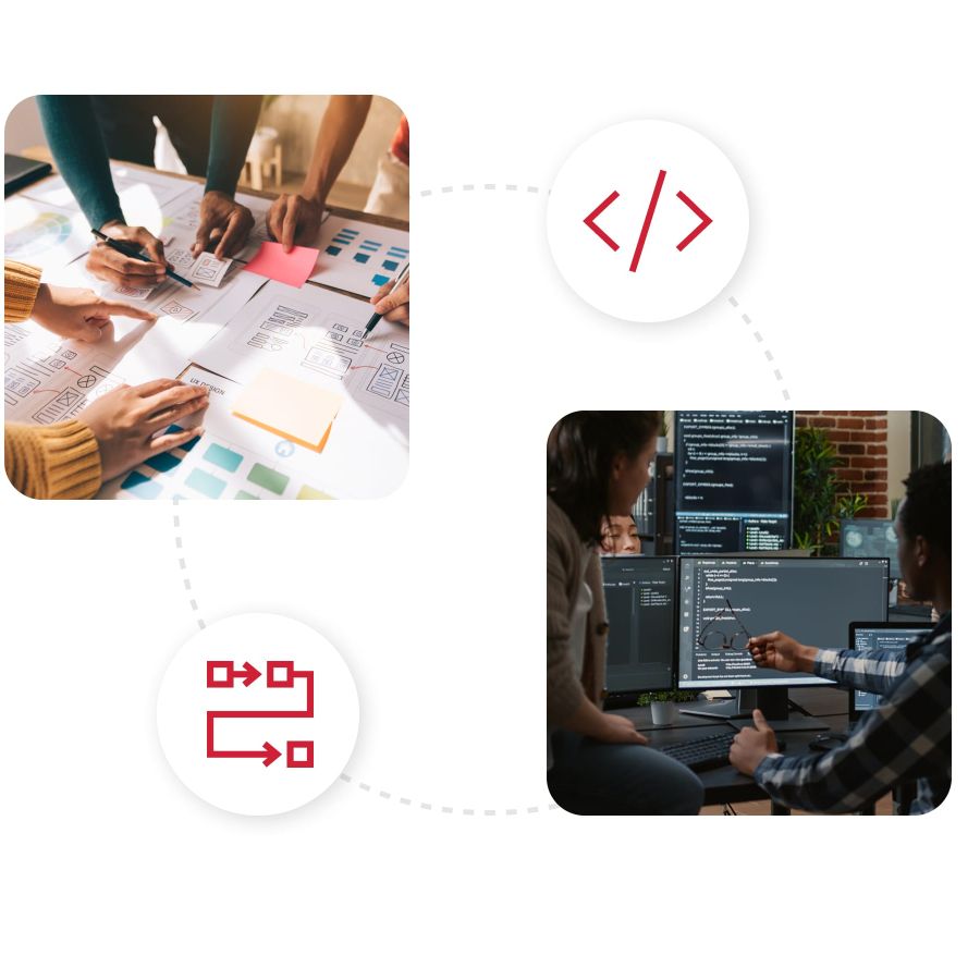 Two images of groups of people collaborating with logos of interconnection between them