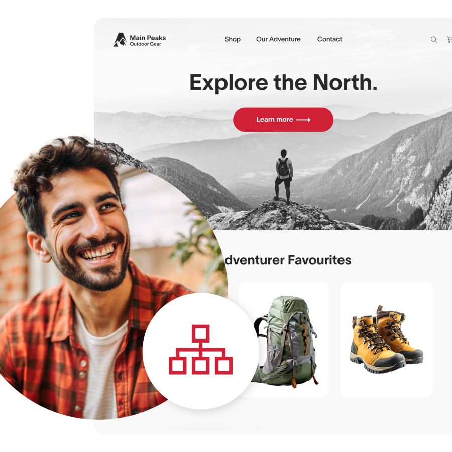 Photo of a smiling man in front of a web-store