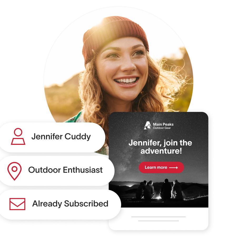 Widgets with name, occupation, and subscription status in front of a woman wearing a beanie