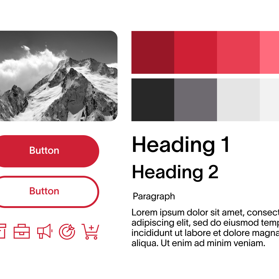 A collection of webpage components including: images, buttons, icons, headings, and body text.