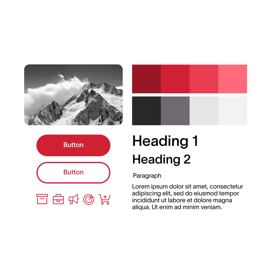 A collection of webpage components including: images, buttons, icons, headings, and body text.