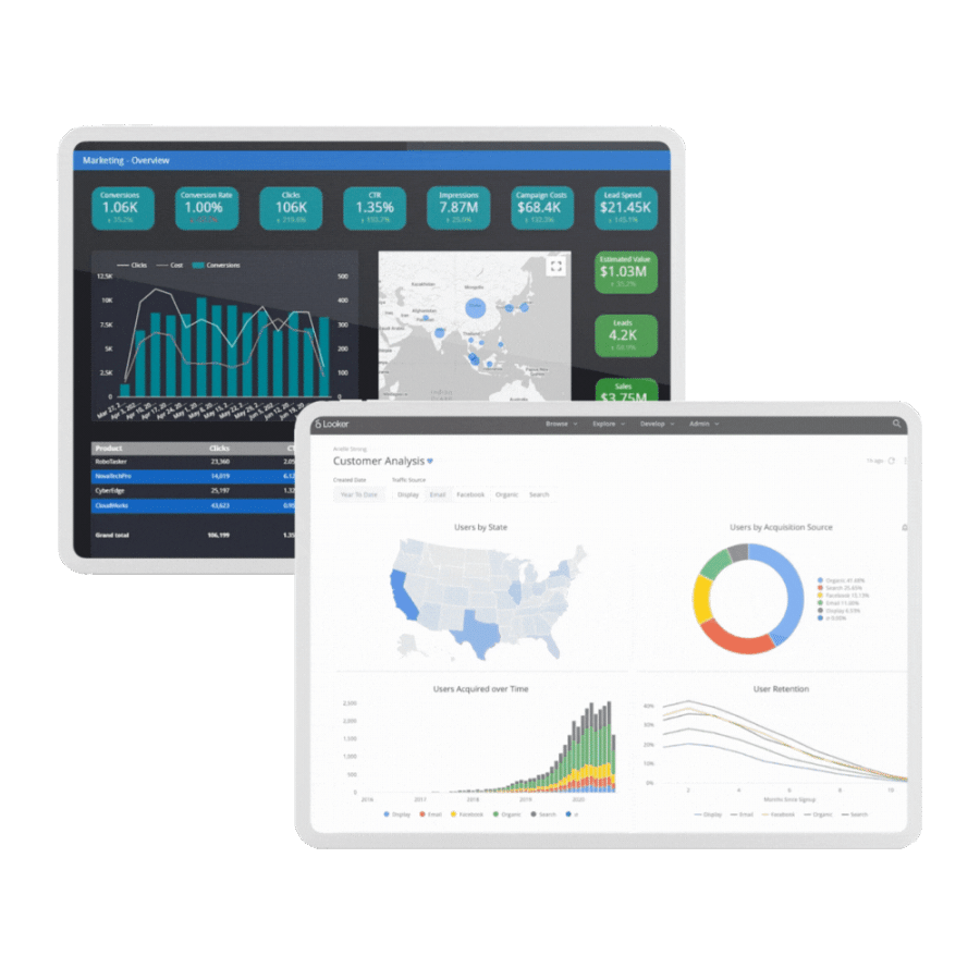 Data visualization dashboards displaying a map and pie chart