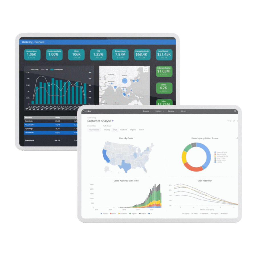 Data visualization dashboards displaying a map and pie chart