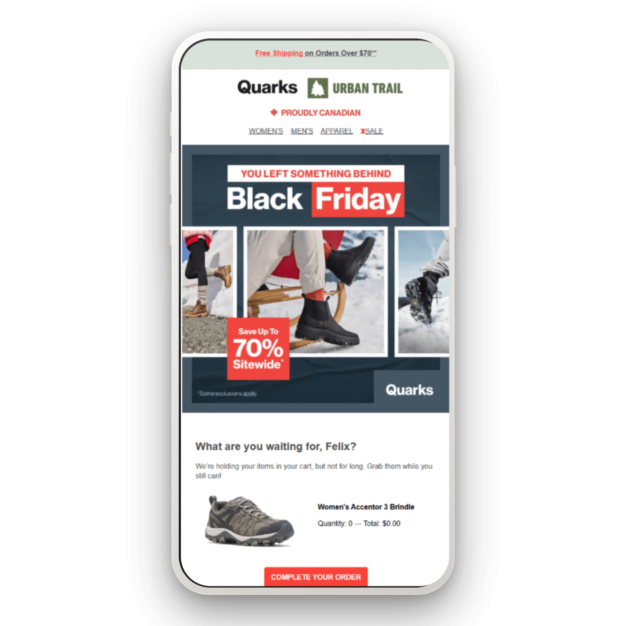Quarks Black Friday cart abandonment email shown on a phone, with a sale banner, winter boot photography and a saved cart item
