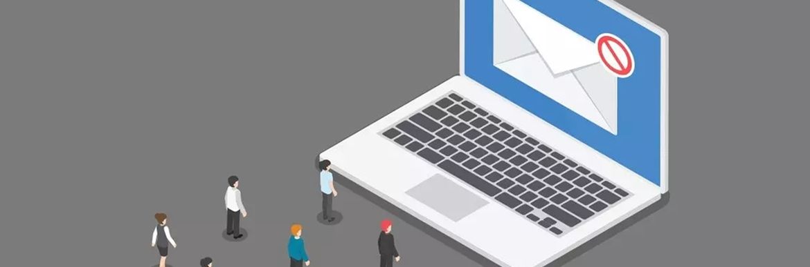 Drawing of large laptop with people standing in front of it and an envelope on the screen